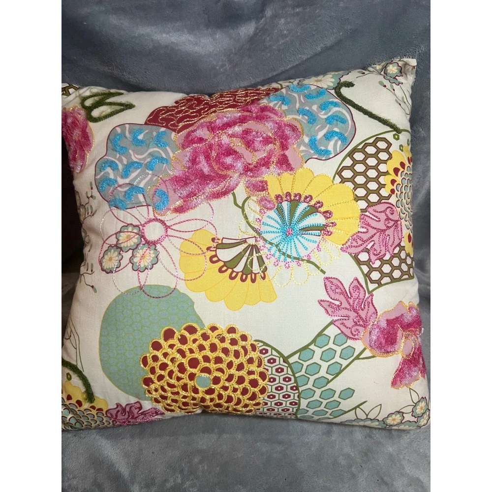 Pier 1 16x16 Pillow Covers Set of 2 Floral Embroidered Boho Whimsy Pink Throw